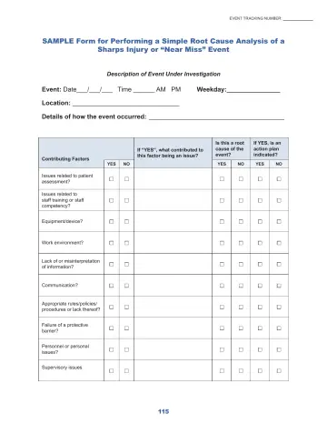 Page 121: Sample Form for Performing a Simple Root Cause Analysis of a Sharps Injury or “Near Miss”…