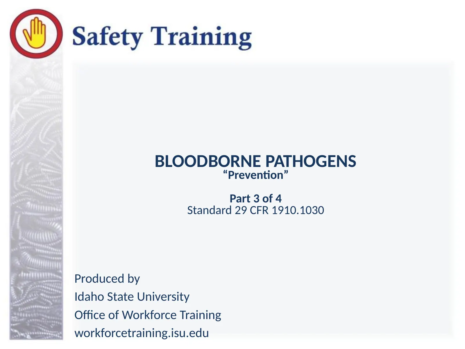 Part 3: Bloodborne Pathogens: Prevention, slide 1: BLOODBORNE PATHOGENS