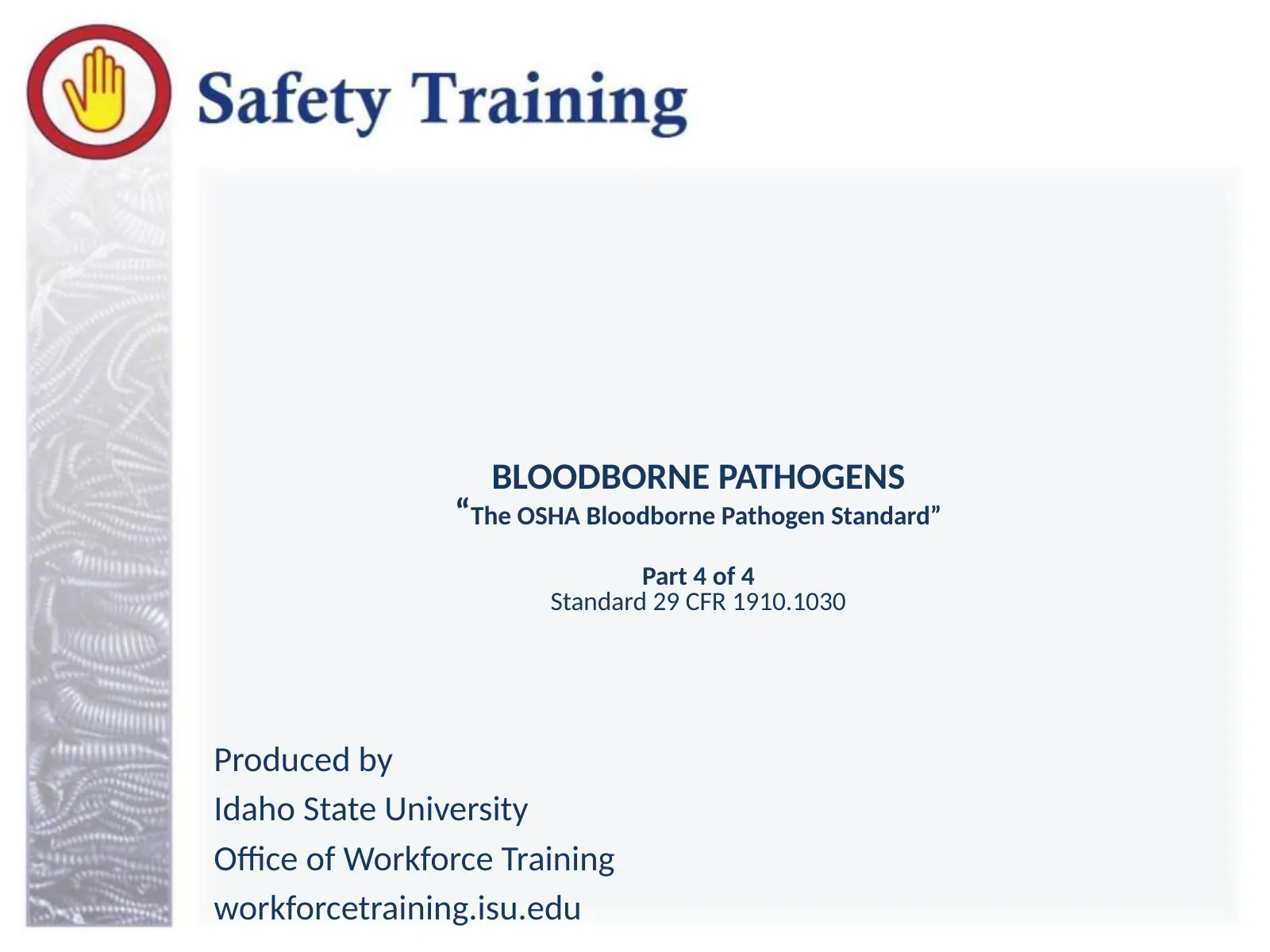 Part 4: Bloodborne Pathogens: The OSHA Bloodborne Pathogens Standard, slide 1: BLOODBORNE PATHOGENS