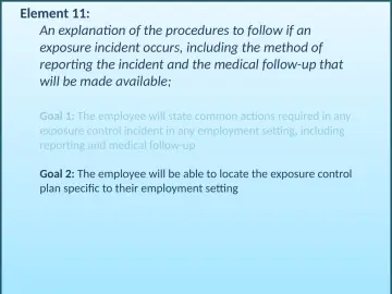 Slide 79: An explanation of the procedures to follow if an exposure incident occurs, including the…