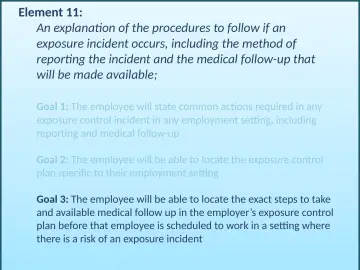 Slide 80: An explanation of the procedures to follow if an exposure incident occurs, including the…