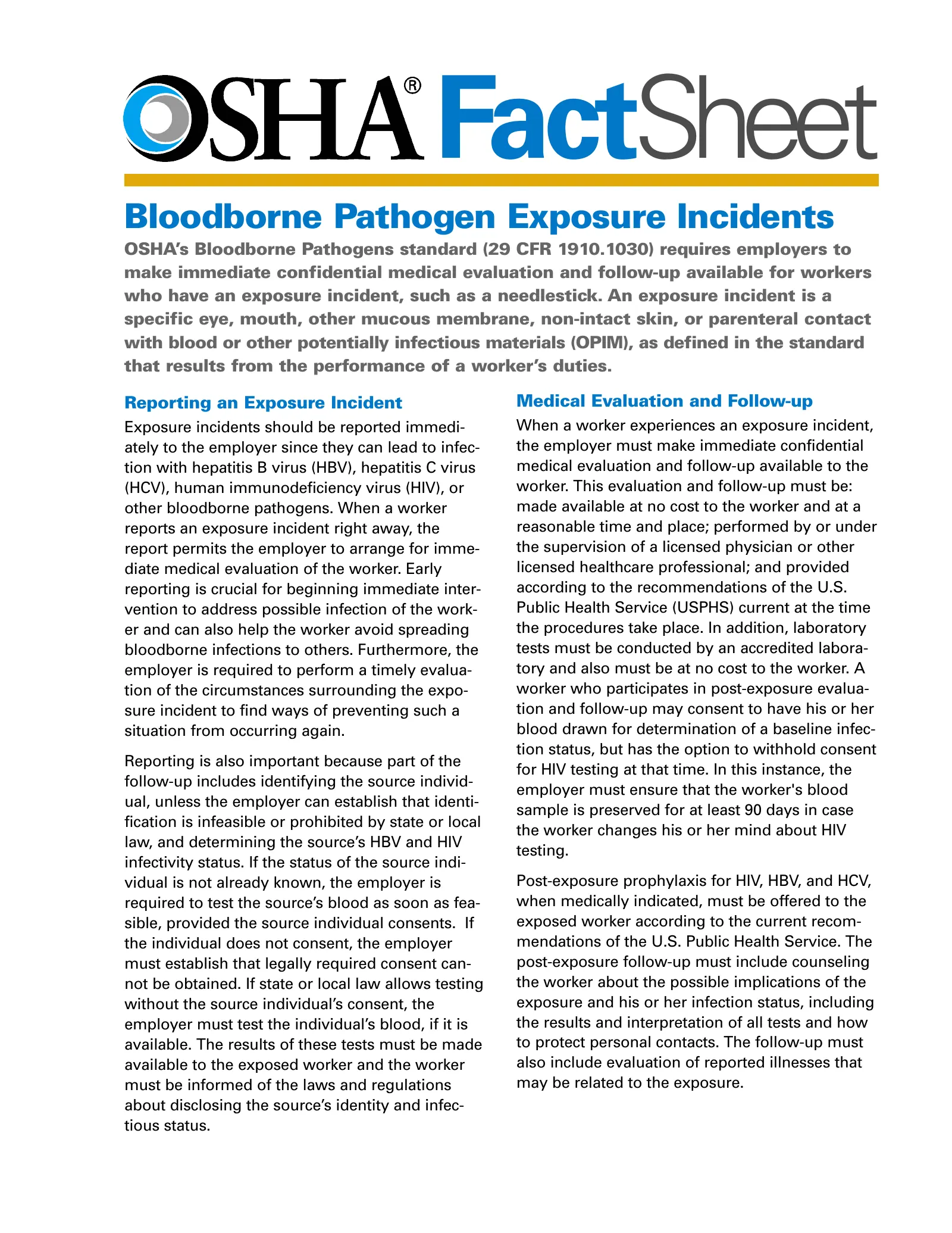Bloodborne Pathogens - Bloodborne Pathogen Exposure Incidents Fact Sheet, page 1: FactSheet