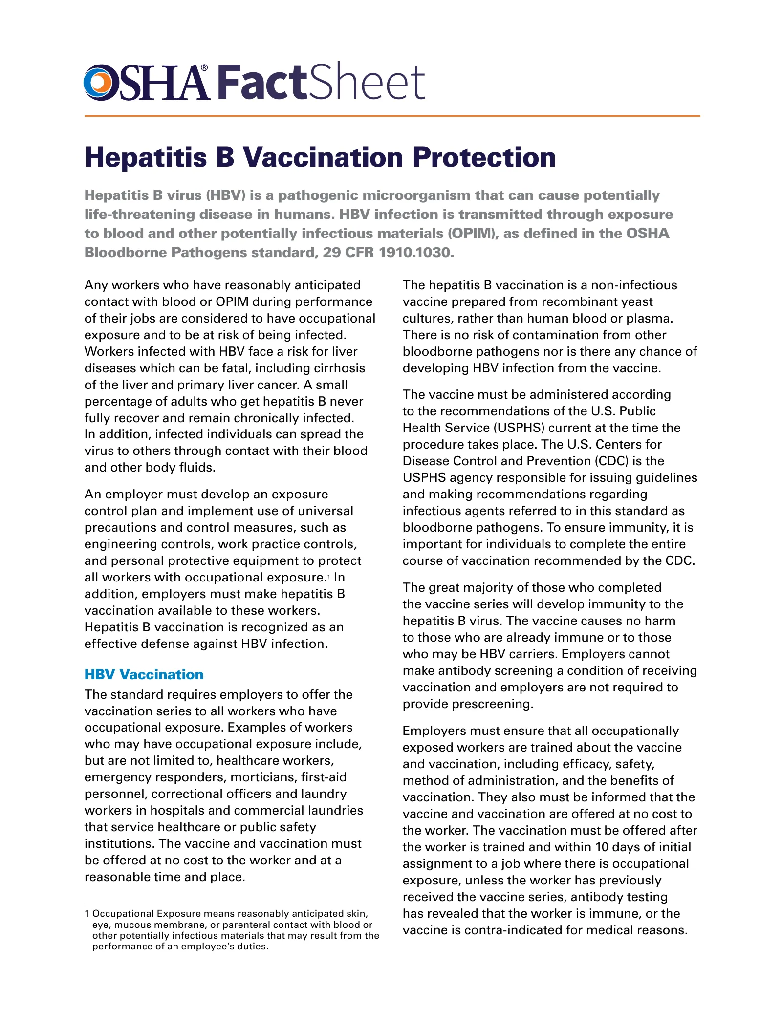 Bloodborne Pathogens - Hepatitis B Vaccination Protection Fact Sheet (OSHA FS-4504), page 1: FactSheet