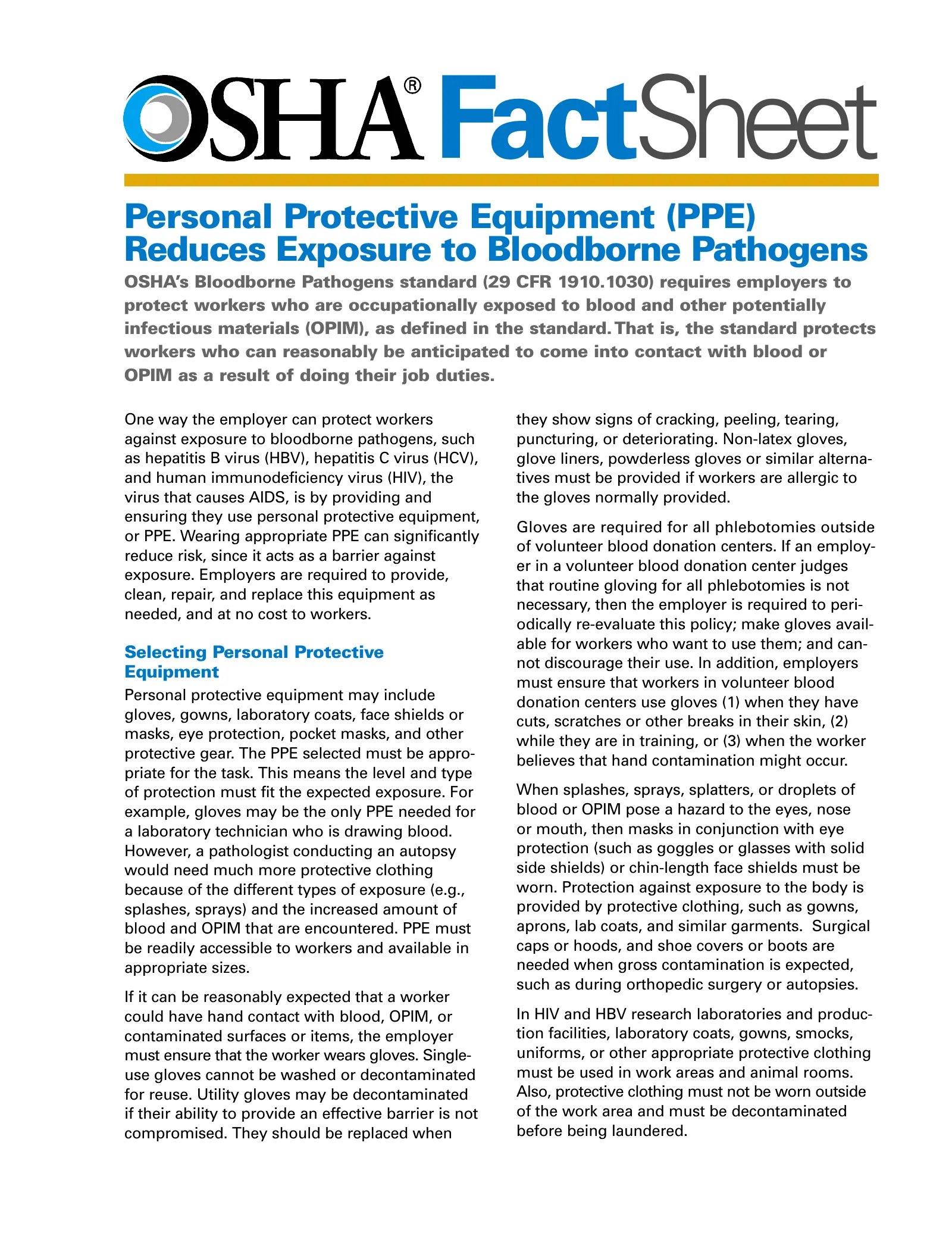 Bloodborne Pathogens - Personal Protective Equipment (PPE) Reduces Exposure to Bloodborne Pathogens Fact Sheet, page 1: FactSheet