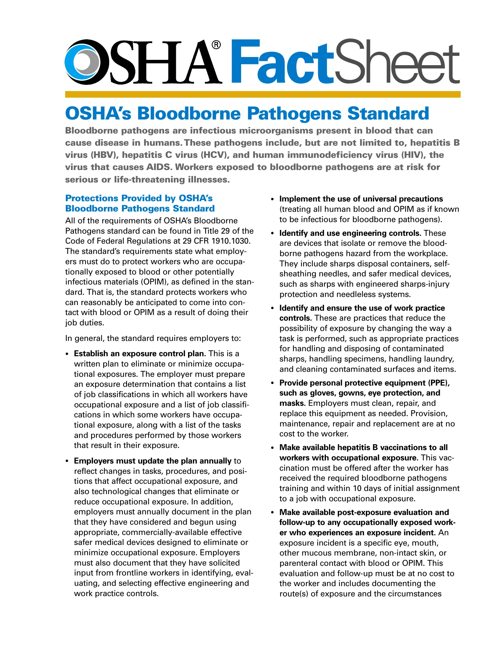 Bloodborne Pathogens - OSHA's Bloodborne Pathogens Standard Fact Sheet, page 1: FactSheet