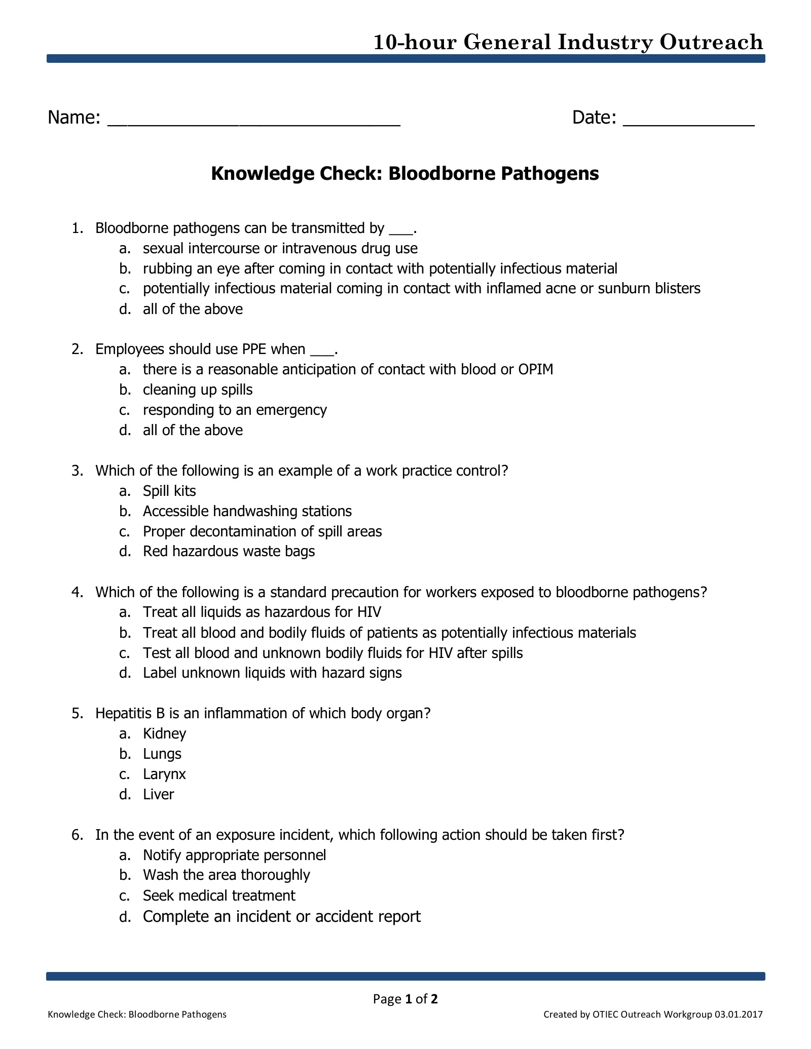 Bloodborne Pathogens: Knowledge Check (OSHA 10-Hour General Industry Outreach), page 1: 10-hour General Industry Outreach