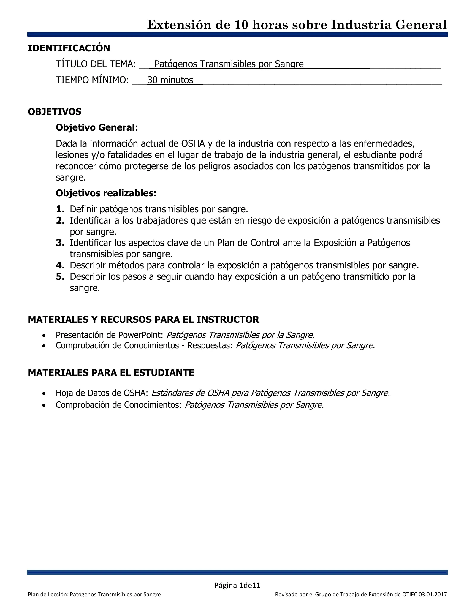 Patógenos transmisibles por sangre: Plan de lección (Capacitación de Extensión de 10 horas de OSHA, Industria General), page 1: IDENTIFICACIÓN