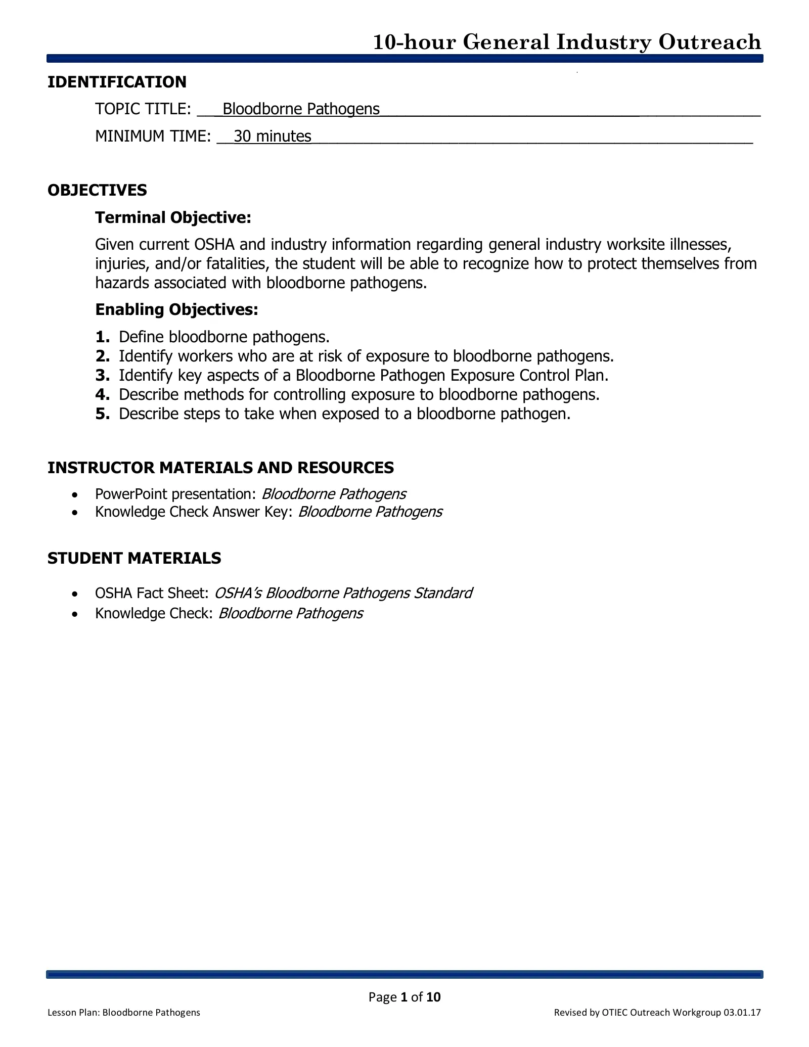 Bloodborne Pathogens: Lesson Plan (OSHA 10-Hour General Industry Outreach), page 1: IDENTIFICATION
