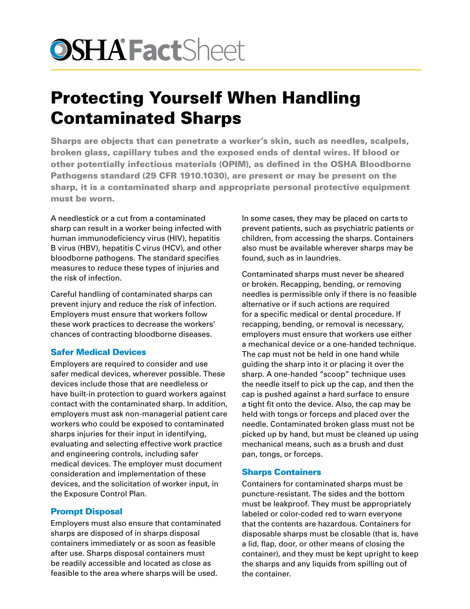 Bloodborne Pathogens - Protecting Yourself When Handling Contaminated Sharps Fact Sheet (OSHA FS 3519), page 1: FactSheet