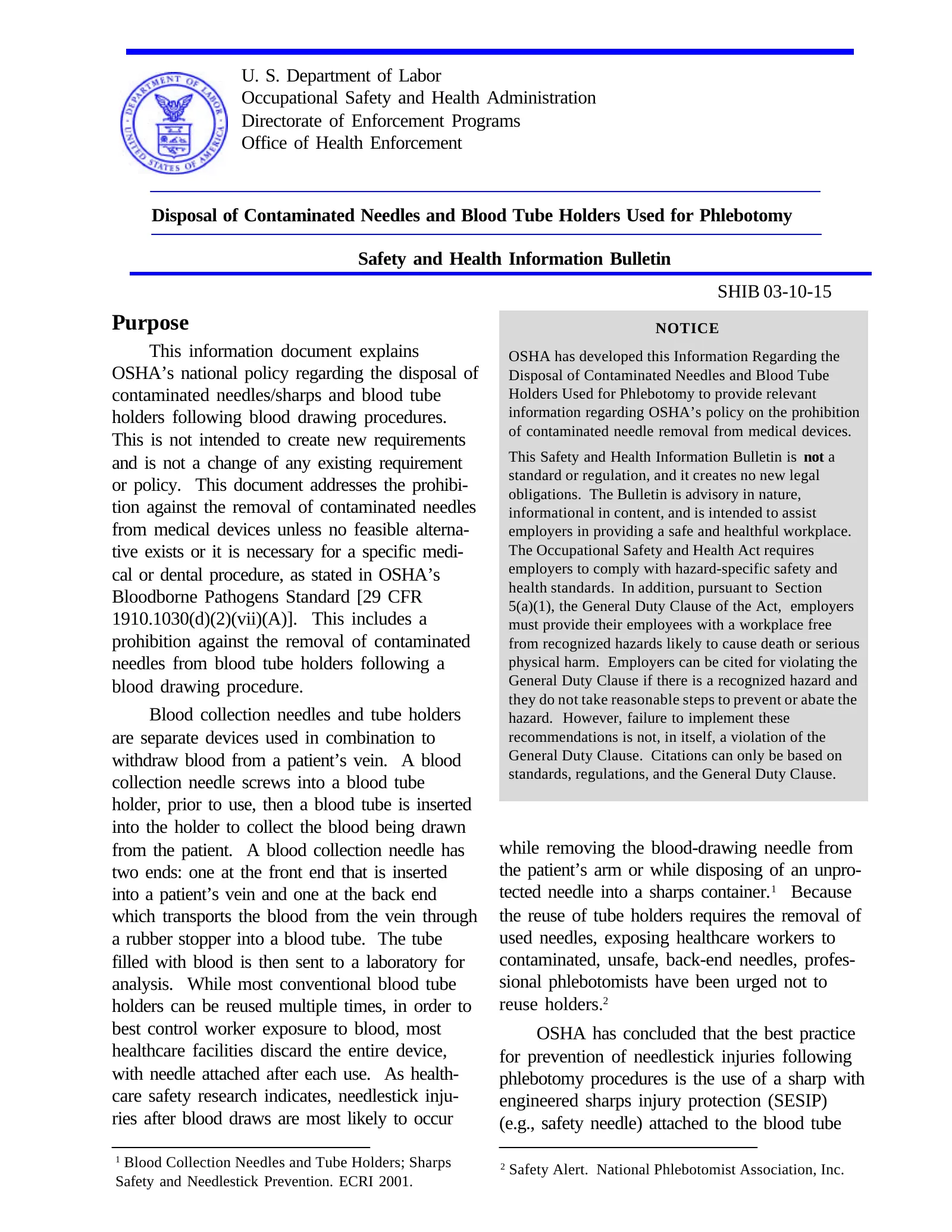 Disposal of Contaminated Needles and Blood Tube Holders Used for Phlebotomy (OSHA SHIB 10-15-2003), page 1: Purpose