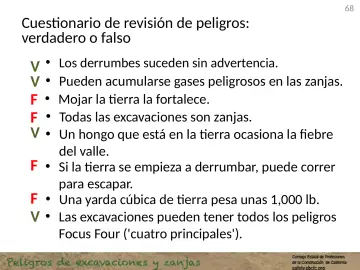 Slide 68: Cuestionario de revisión de peligros: verdadero o falso