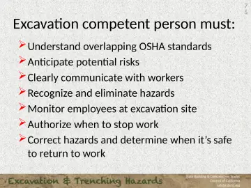 Slide 75: Excavation competent person must: