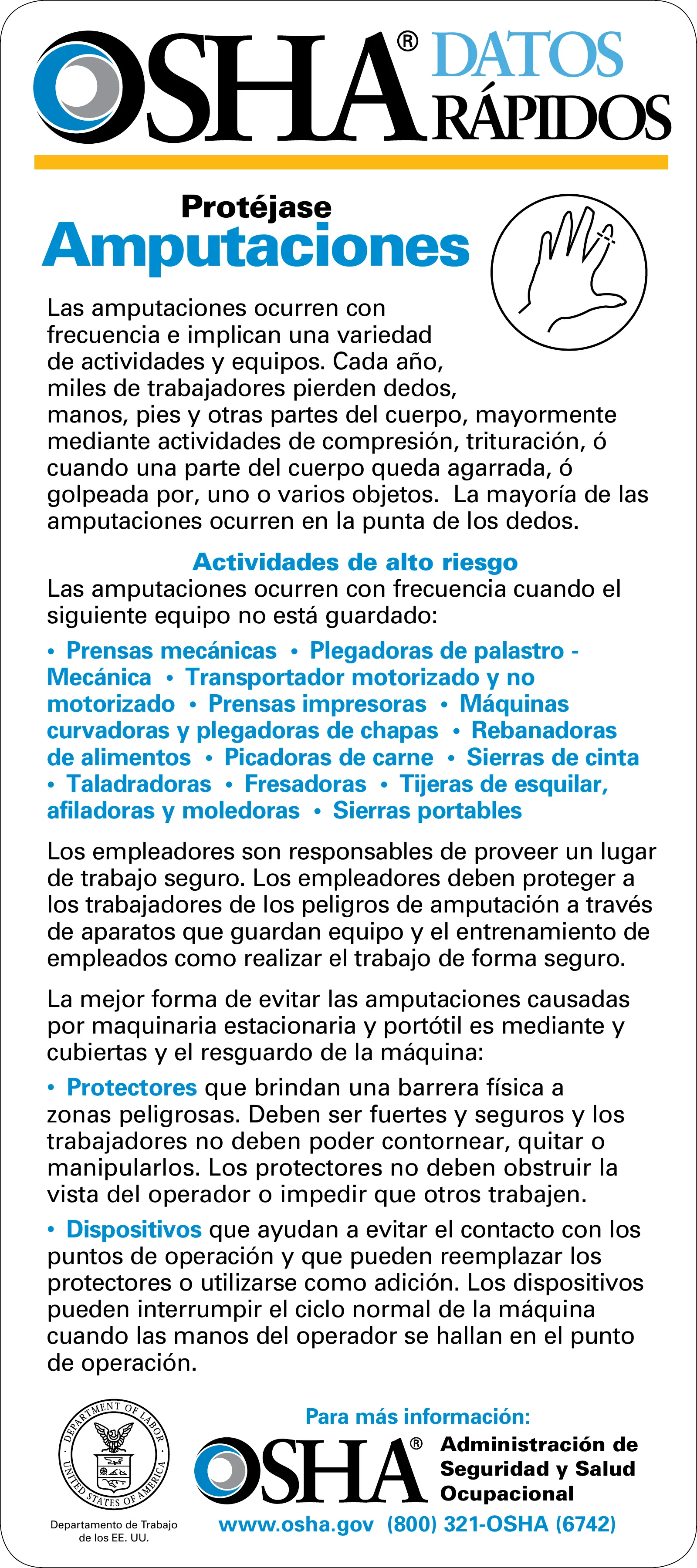 Tarjeta: Amputaciones (OSHA 3204), page 1: DATOS RÁPIDOS