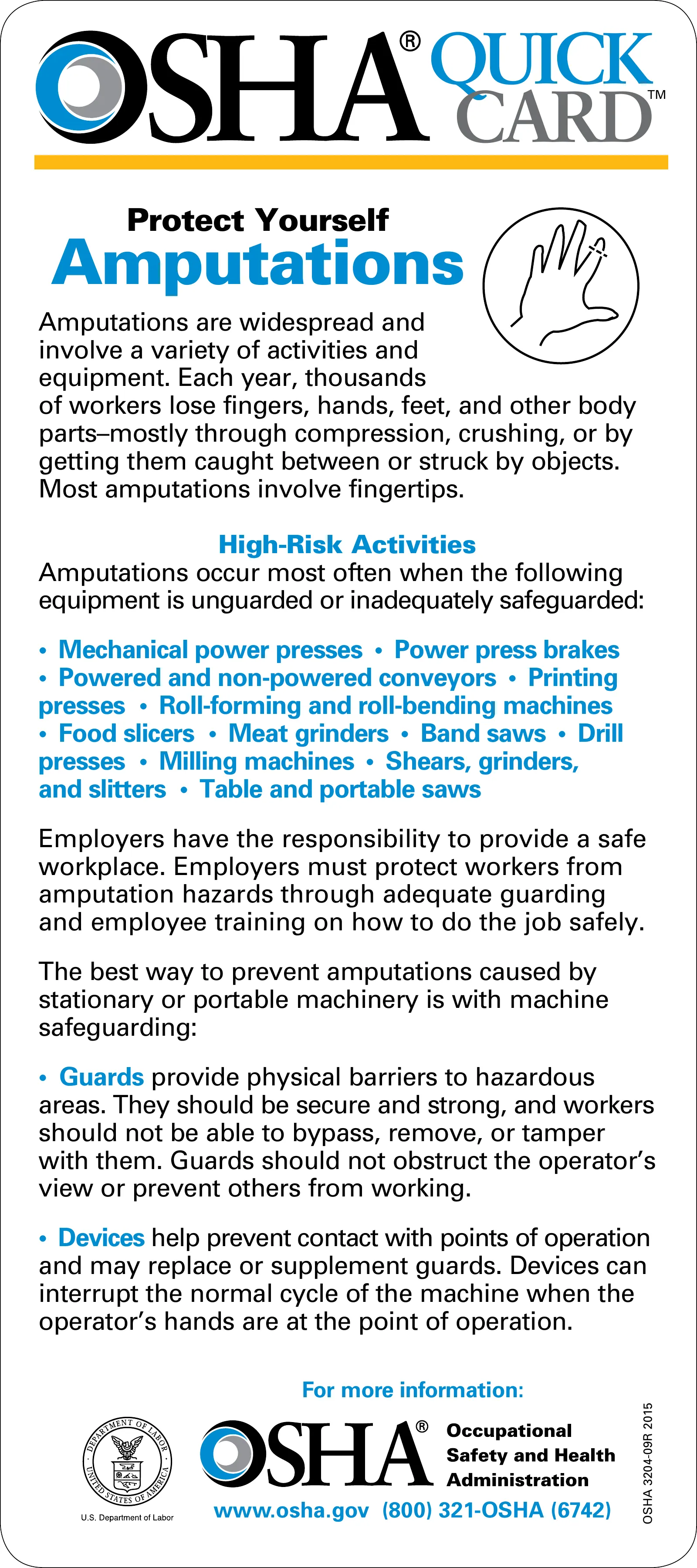 Amputations QuickCard (OSHA 3204), page 1: QUICK CARD