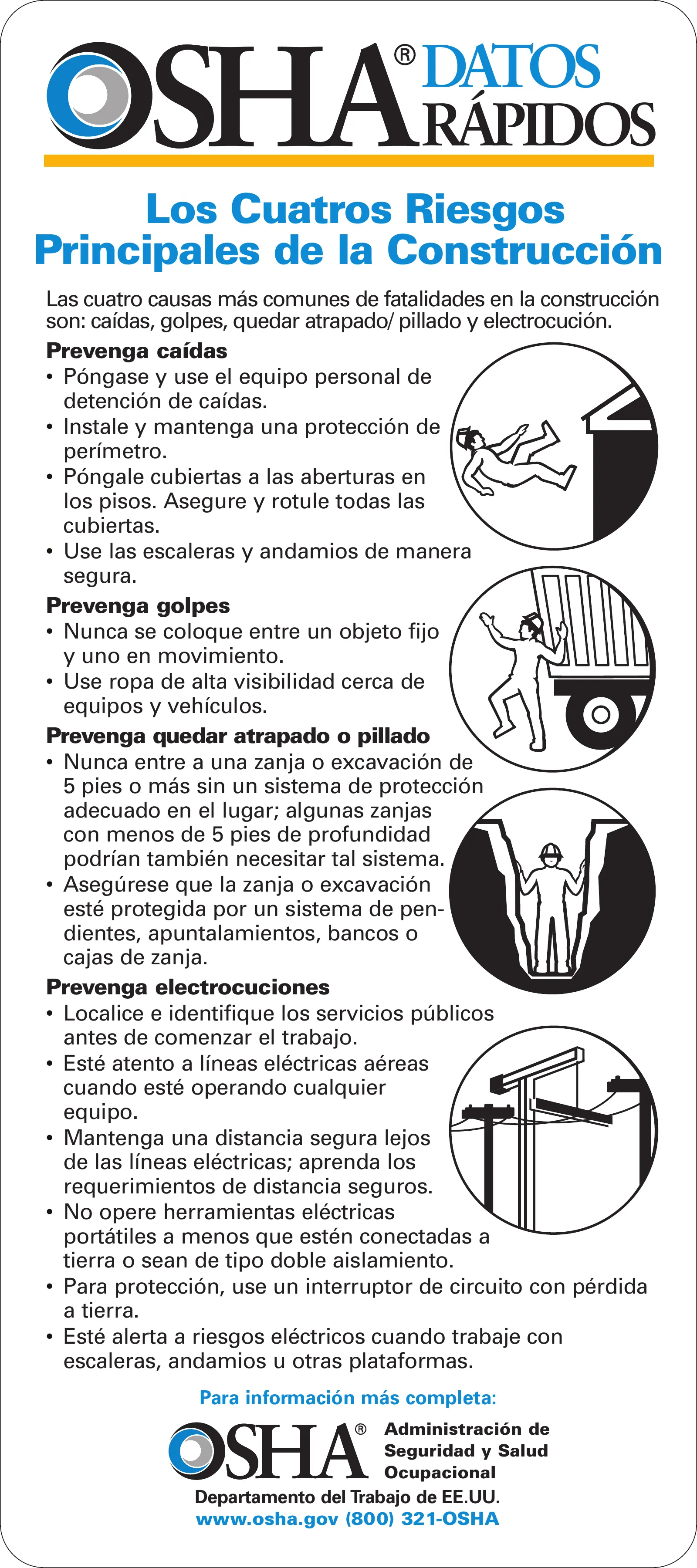 Tarjeta: Los cuatro peligros principales en construcción (OSHA 3216), page 1: DATOS RÁPIDOS