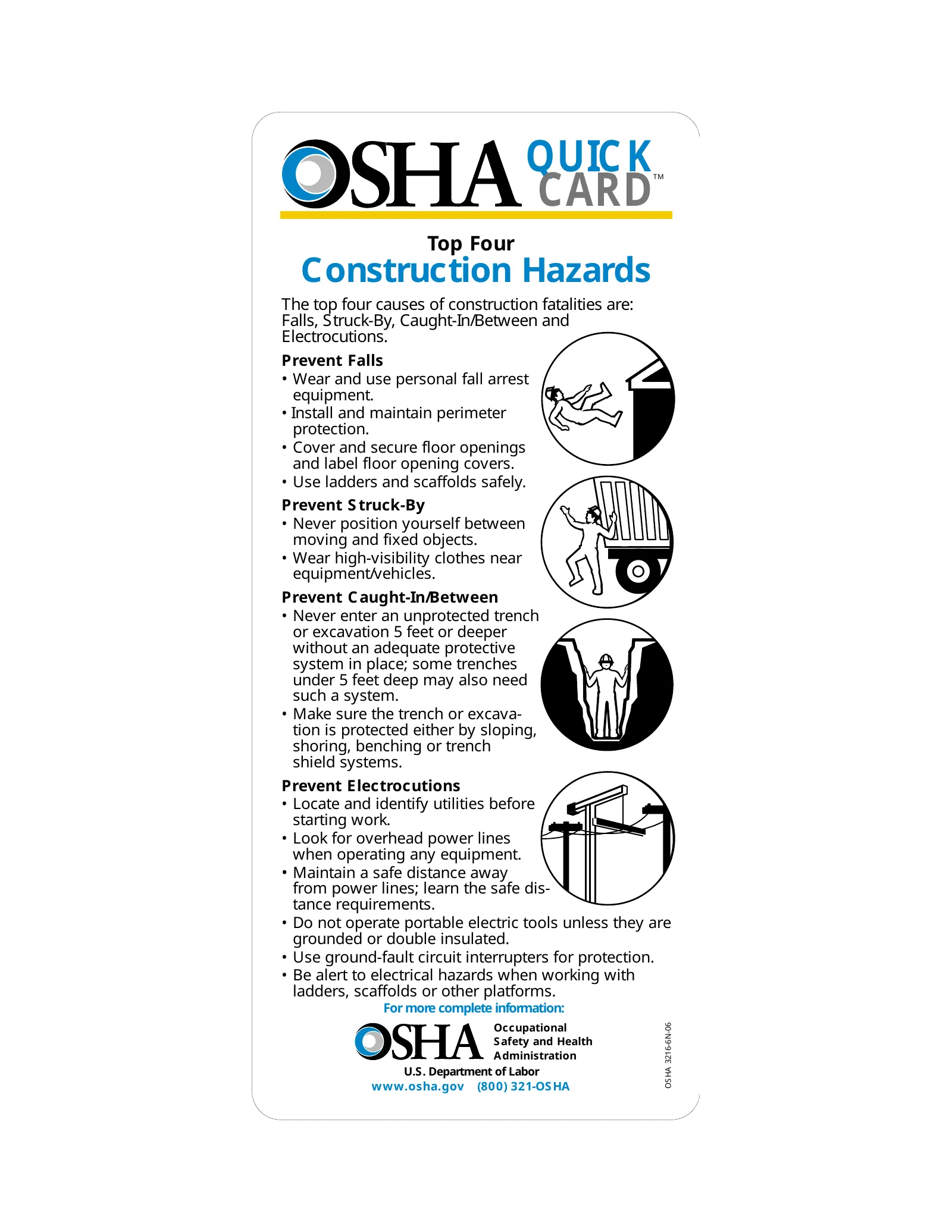 Construction Focus Four Hazards QuickCard (OSHA 3216), page 1: CARD