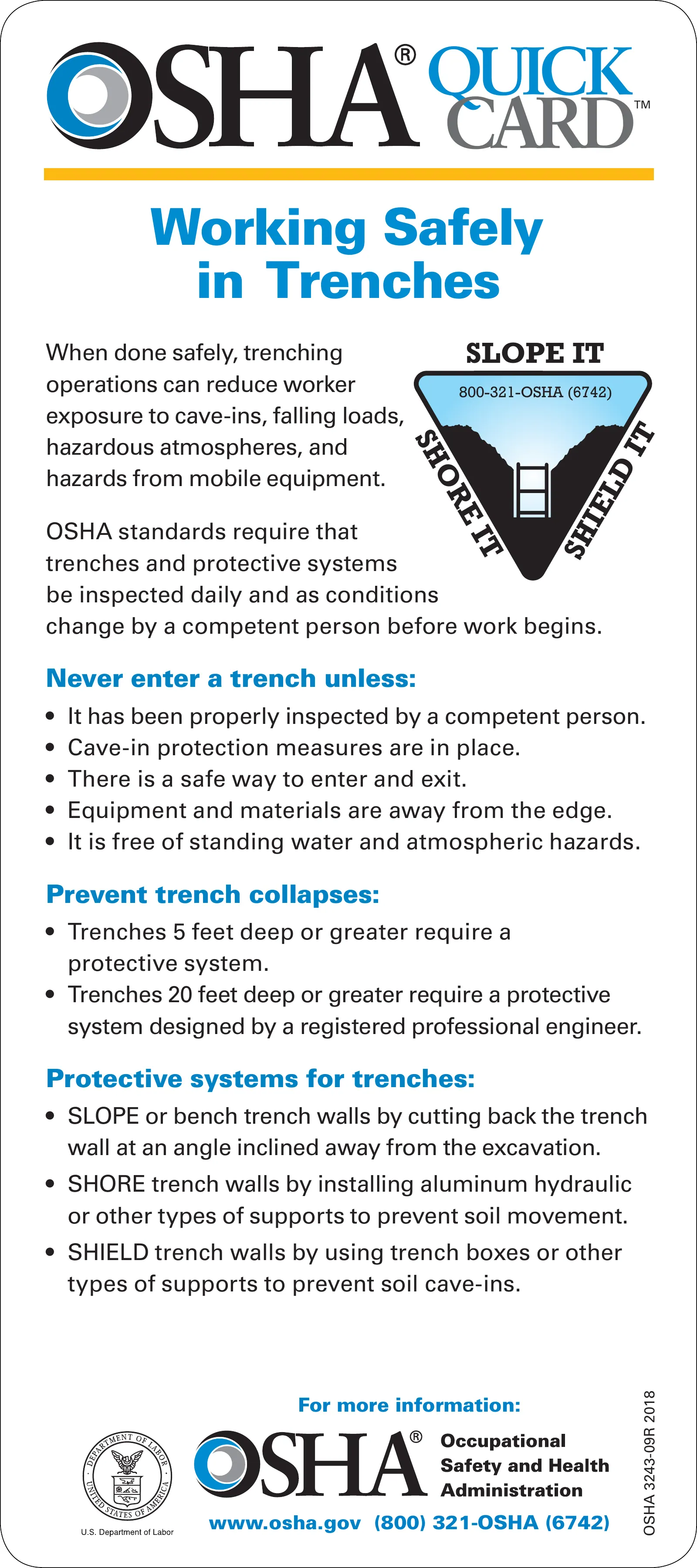 Trench Safety QuickCard (OSHA 3243), page 1: CARD
