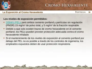 Slide 39: OSHA’s PELs para ambos cemento portland y partículas sin regulación