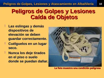Slide 12: Peligros de Golpes y Lesiones Caída de Objetos