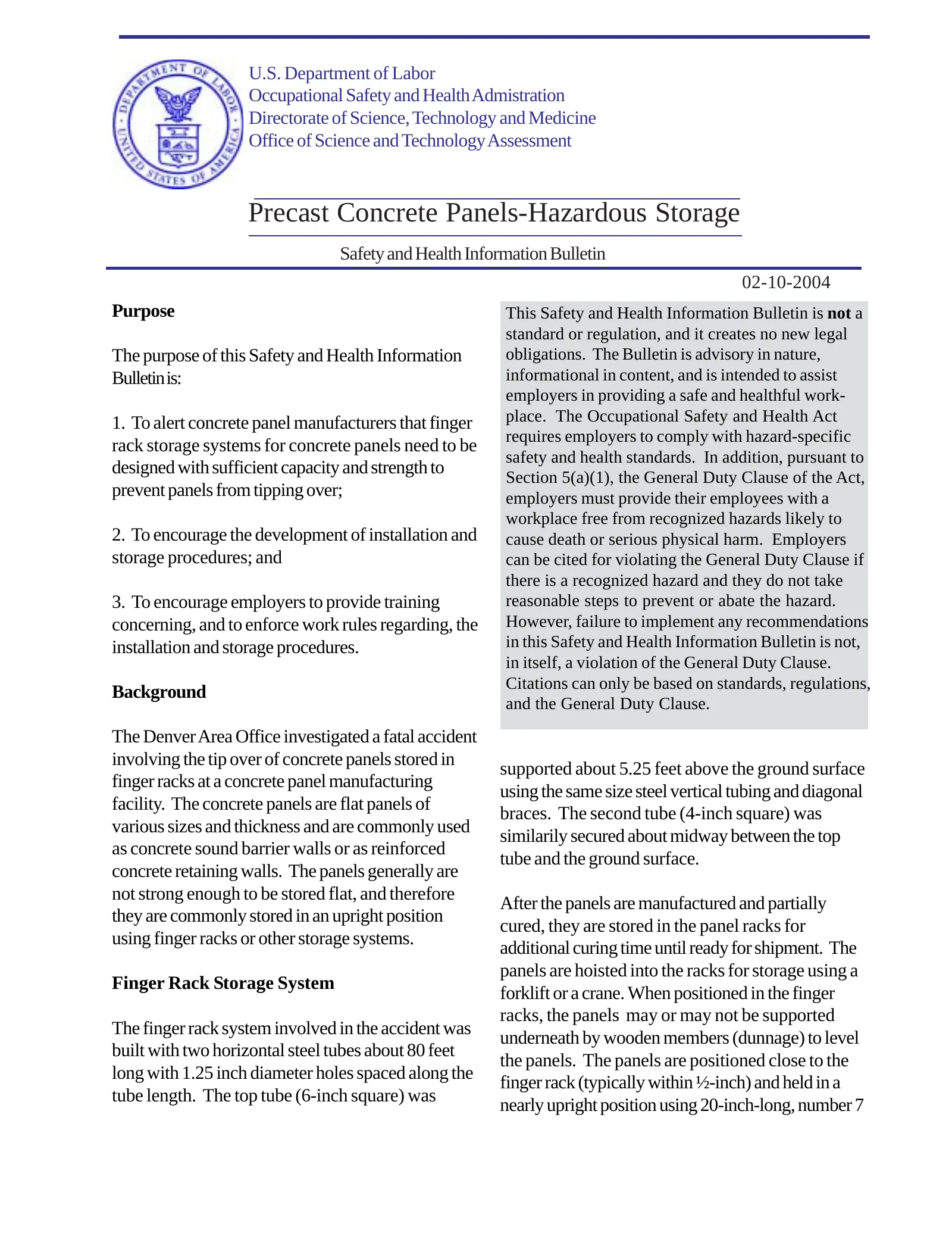 Precast Concrete Panels: Hazardous Storage (OSHA Safety and Health Information Bulletin), page 1: Precast Concrete Panels-Hazardous Storage