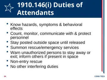 Slide 54: 1910.146(i) Duties of Attendants