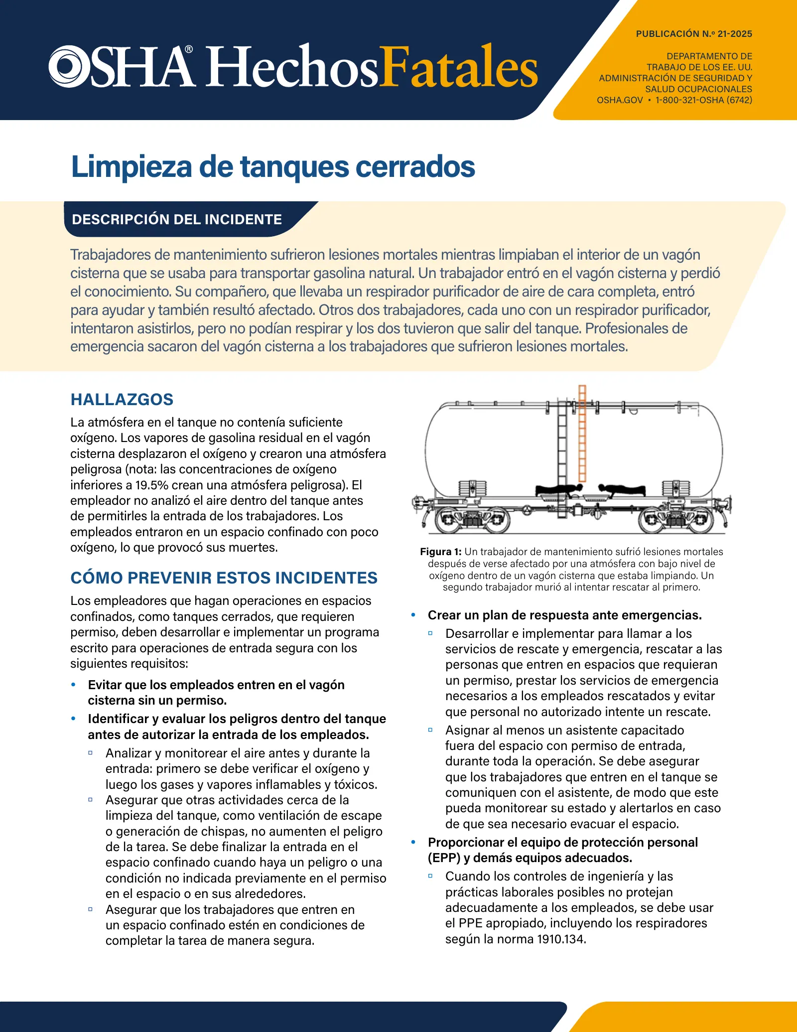 Enclosed Tank Cleaning: Fatal Facts (OSHA 4491) (en español), page 1: HechosFatales