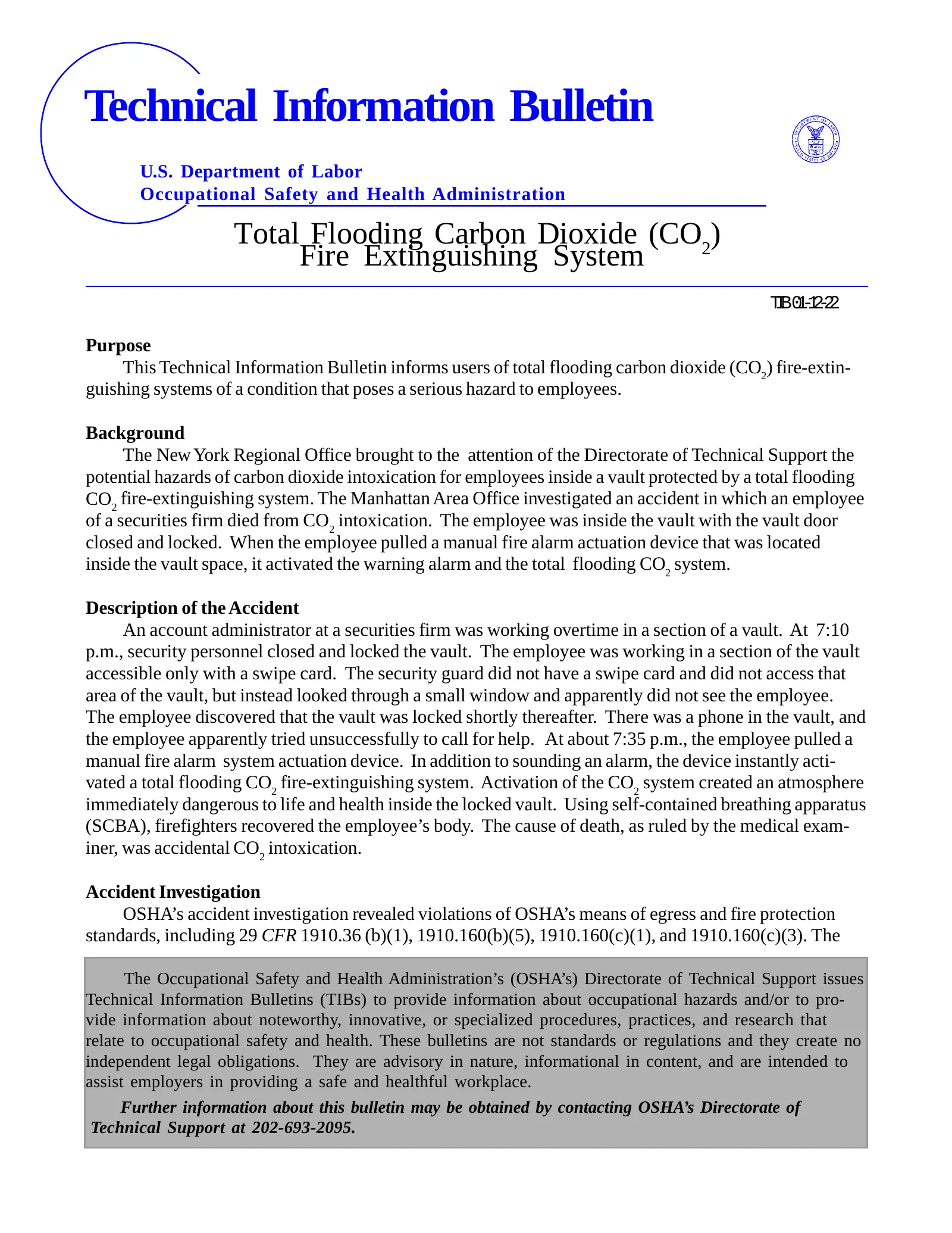 Total Flooding Carbon Dioxide (CO2) Fire Extinguishing System (OSHA TIB 12-22-2001), page 1: Technical Information Bulletin