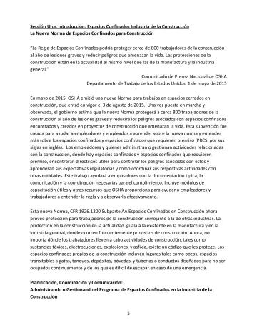 Page 5: Sección Una: Introducción: Espacios Confinados Industria de la Construcción La Nueva Norma…