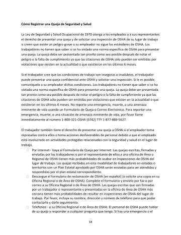 Page 18: Cómo Registrar una Queja de Seguridad y Salud