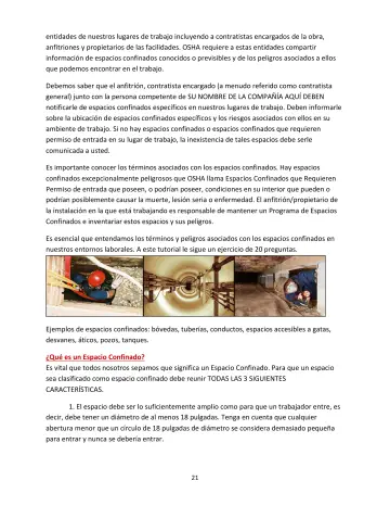 Page 21: entidades de nuestros lugares de trabajo incluyendo a contratistas encargados de la obra…