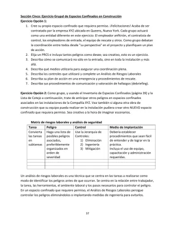 Page 37: Sección Cinco: Ejercicio Grupal de Espacios Confinados en Construcción Ejercicio Opción 1: