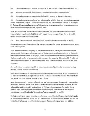 Page 9: Flammable gas, vapor, or mist in excess of 10 percent of its lower flammable limit (LFL);
