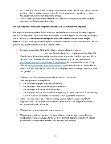 Page 16: Post OSHA citations at or near the work area involved. Each citation must remain posted…