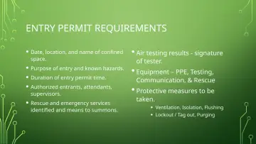 Slide 25: Purpose of entry and known hazards. • Equipment – PPE, Testing,