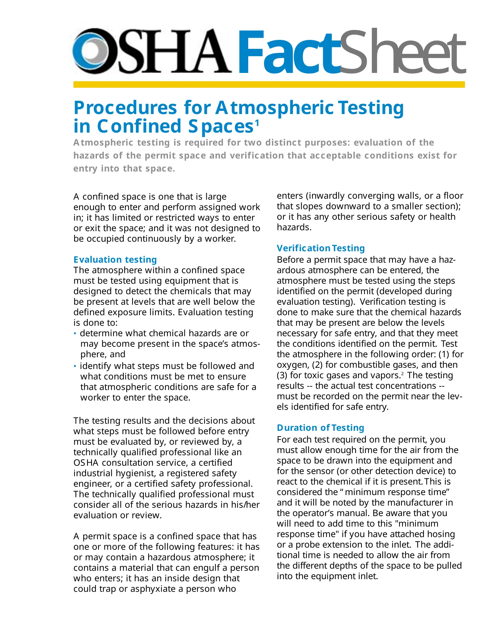 Confined Spaces: Atmospheric Testing in Confined Spaces Fact Sheet, page 1: FactSheet