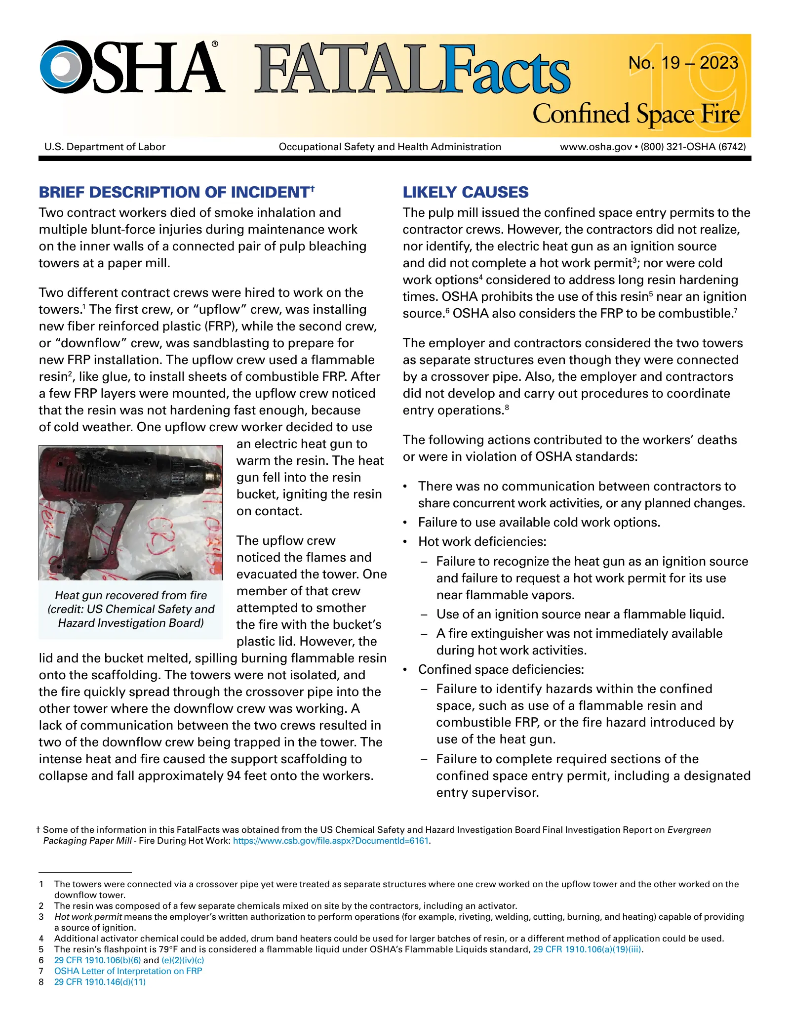 Confined Space Fire: Fatal Facts (OSHA 4278), page 1: FATALFacts