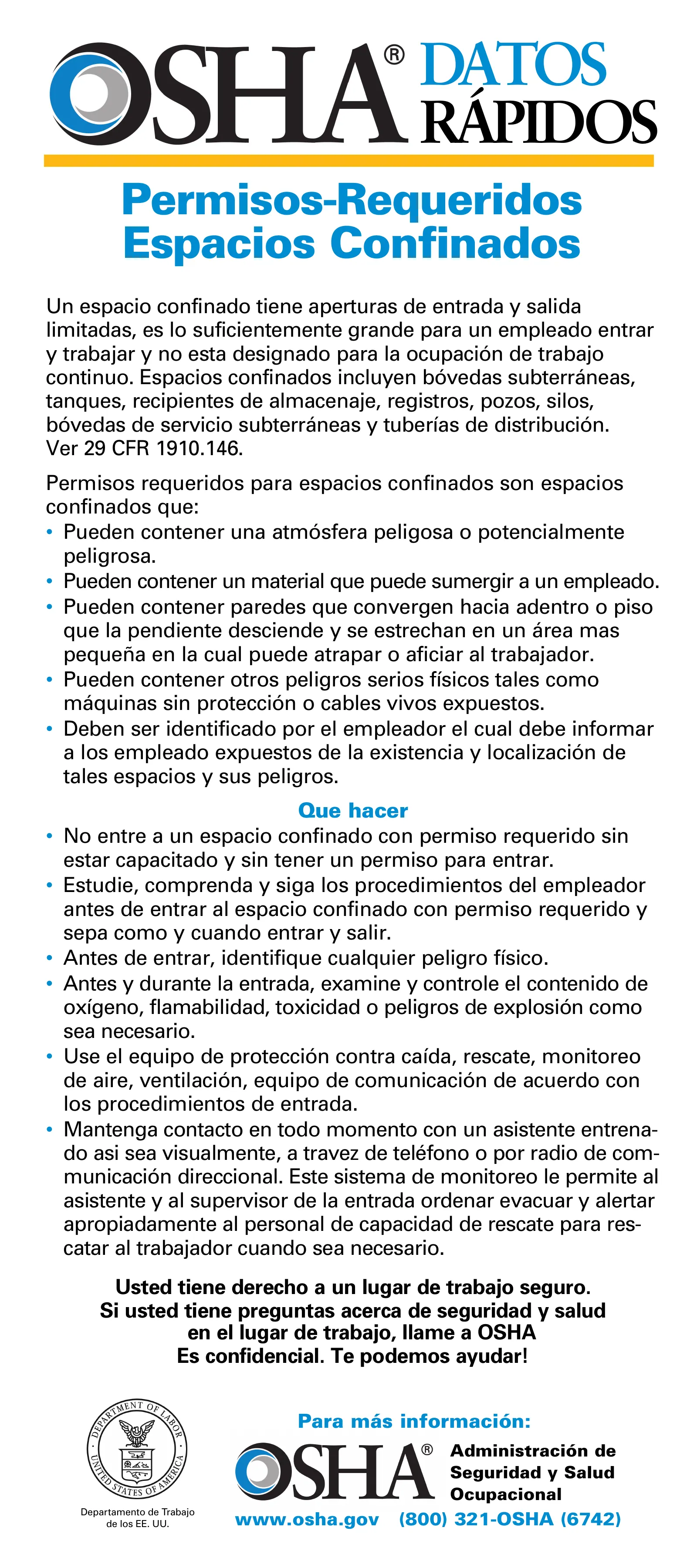 Tarjeta: Espacios confinados que requieren permiso (OSHA 3214), page 1: DATOS RÁPIDOS