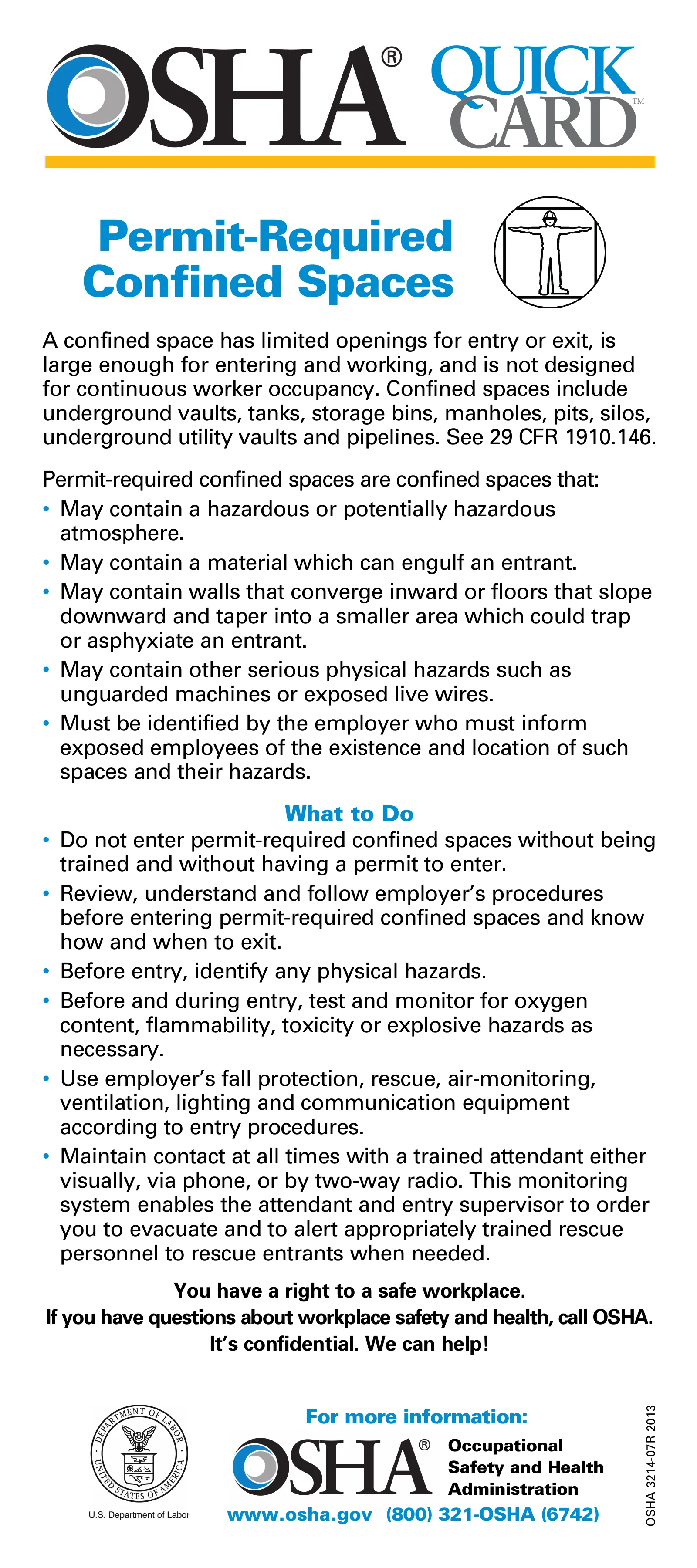 Permit-Required Confined Spaces QuickCard (OSHA 3214), page 1: CARD
