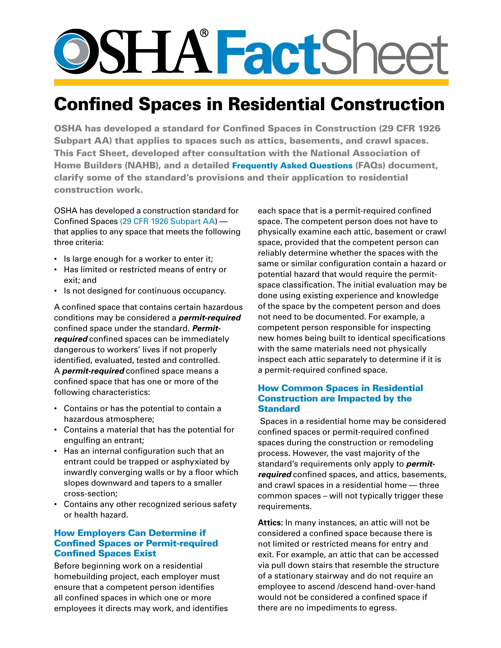 Confined Spaces in Residential Construction Fact Sheet (OSHA 3914), page 1: FactSheet