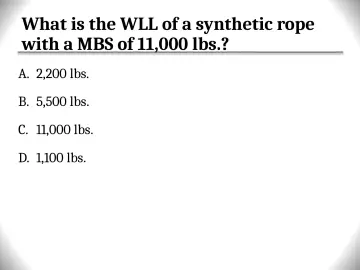 Slide 92: What is the WLL of a synthetic rope with a MBS of 11,000 lbs.?