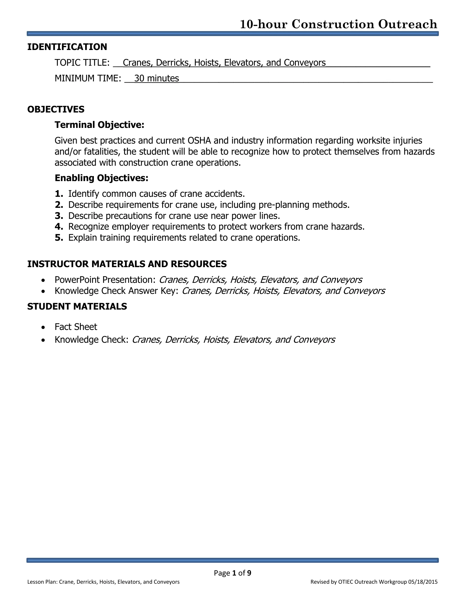 Cranes, Derricks, Hoists, Elevators, and Conveyors: Lesson Plan (OSHA 10-Hour Construction Outreach), page 1: IDENTIFICATION