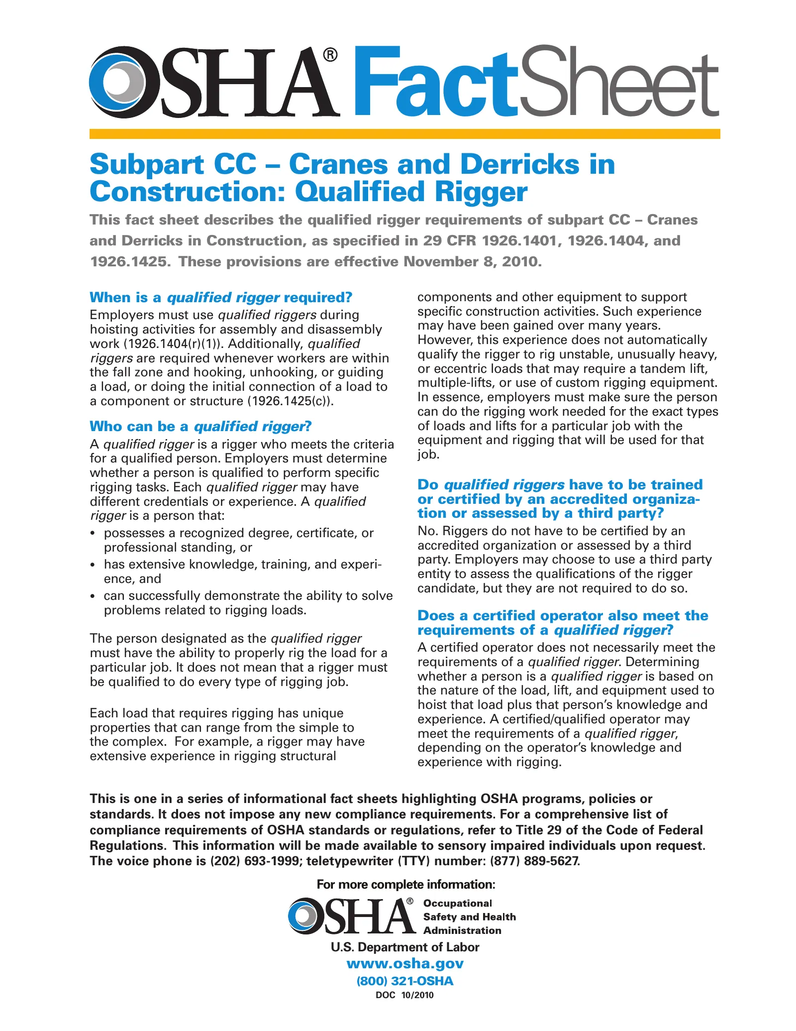 Cranes and Derricks in Construction: Qualified Rigger Fact Sheet, page 1: FactSheet