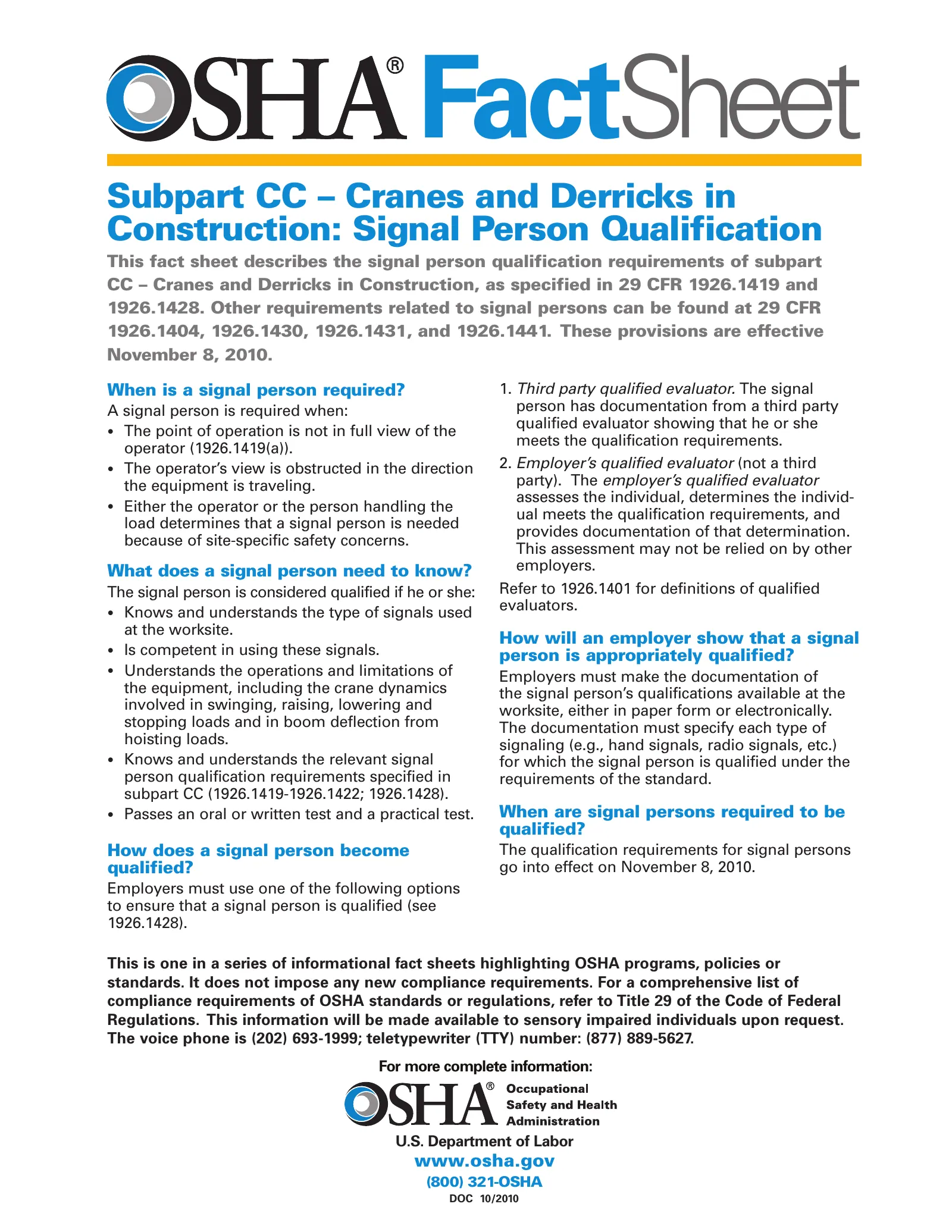 Cranes and Derricks in Construction: Signal Person Qualification Fact Sheet, page 1: FactSheet