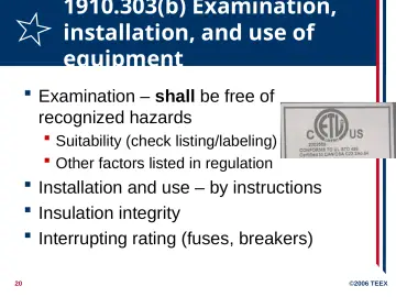 Slide 20: 1910.303(b) Examination, installation, and use of equipment
