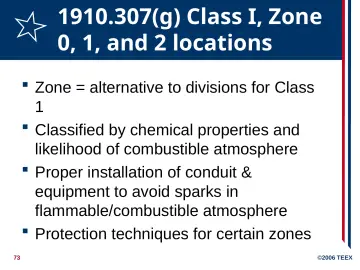 Slide 73: 1910.307(g) Class I, Zone 0, 1, and 2 locations