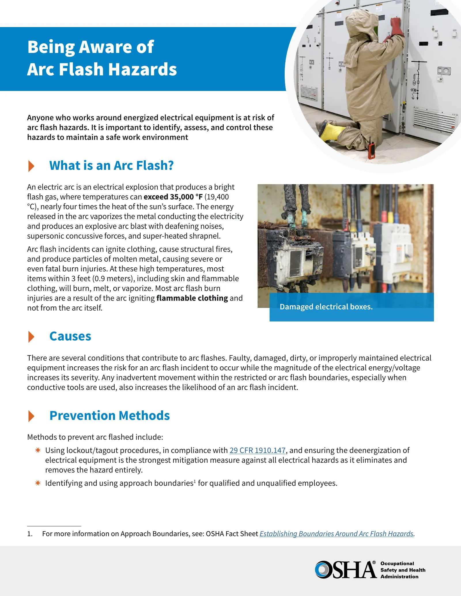 Electrical Safety: Being Aware of Arc Flash Hazards Fact Sheet (OSHA 4475), page 1: Being Aware of Arc Flash Hazards