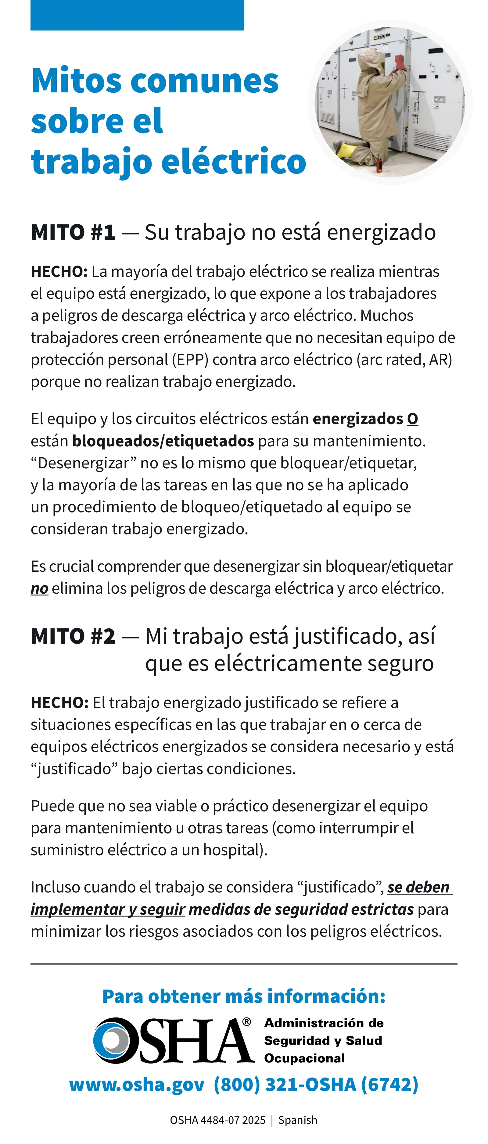 Electrical Safety: Common Electrical Work Myths Card (OSHA 4484) (en español), page 1: Mitos comunes sobre el trabajo eléctrico