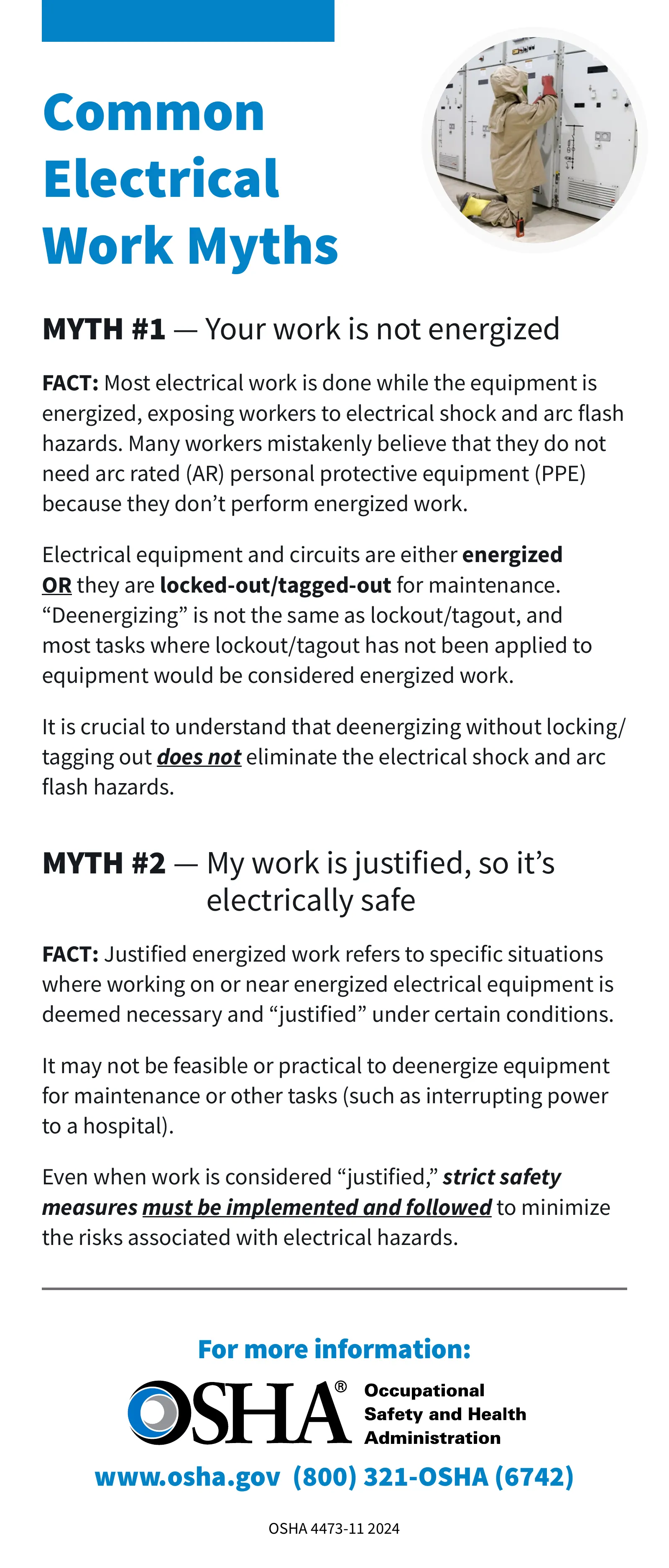 Electrical Safety: Common Electrical Work Myths Card (OSHA 4473), page 1: Common Electrical Work Myths