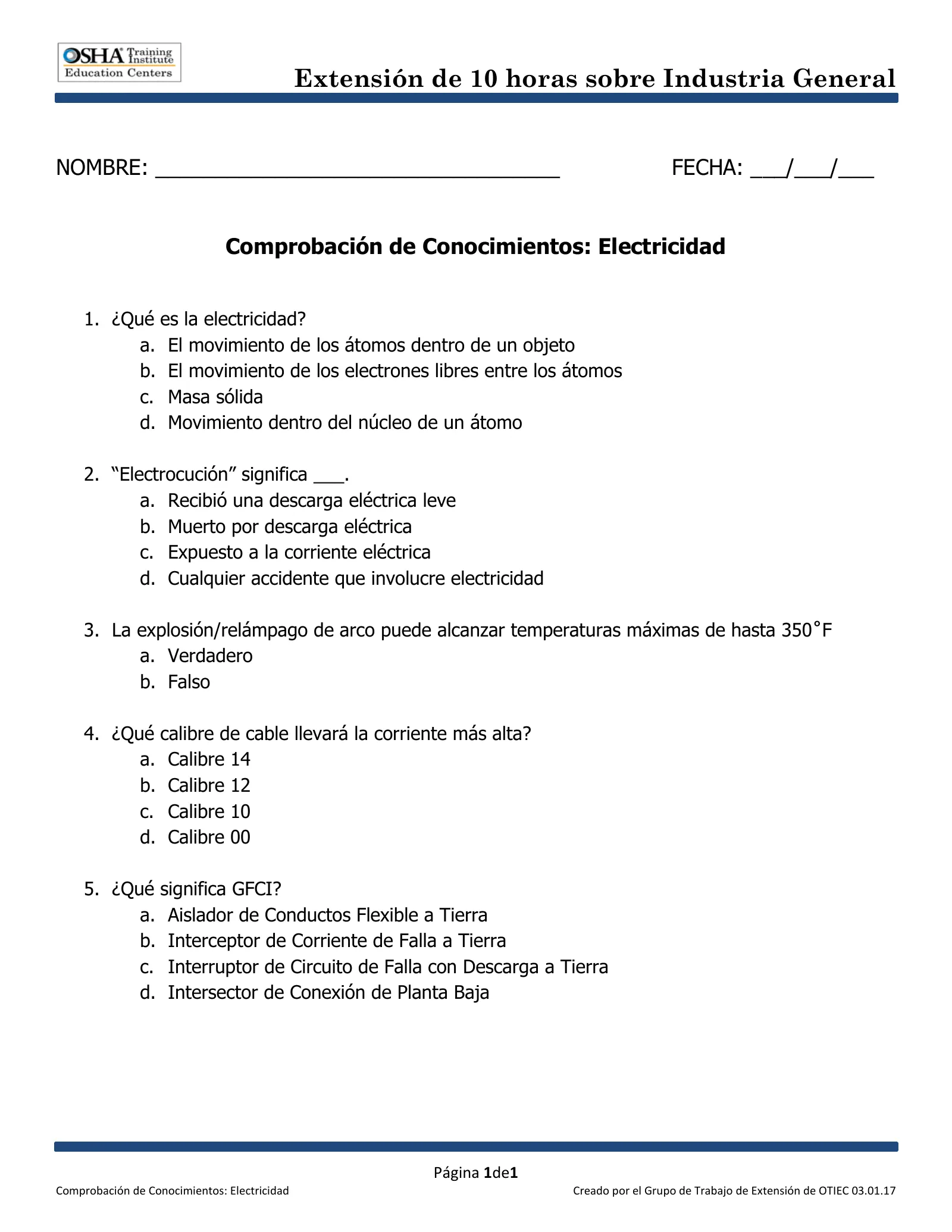 Electricidad: Comprobación de conocimientos (Capacitación de Extensión de 10 horas de OSHA, Industria General), page 1: Extensión de 10 horas sobre Industria General