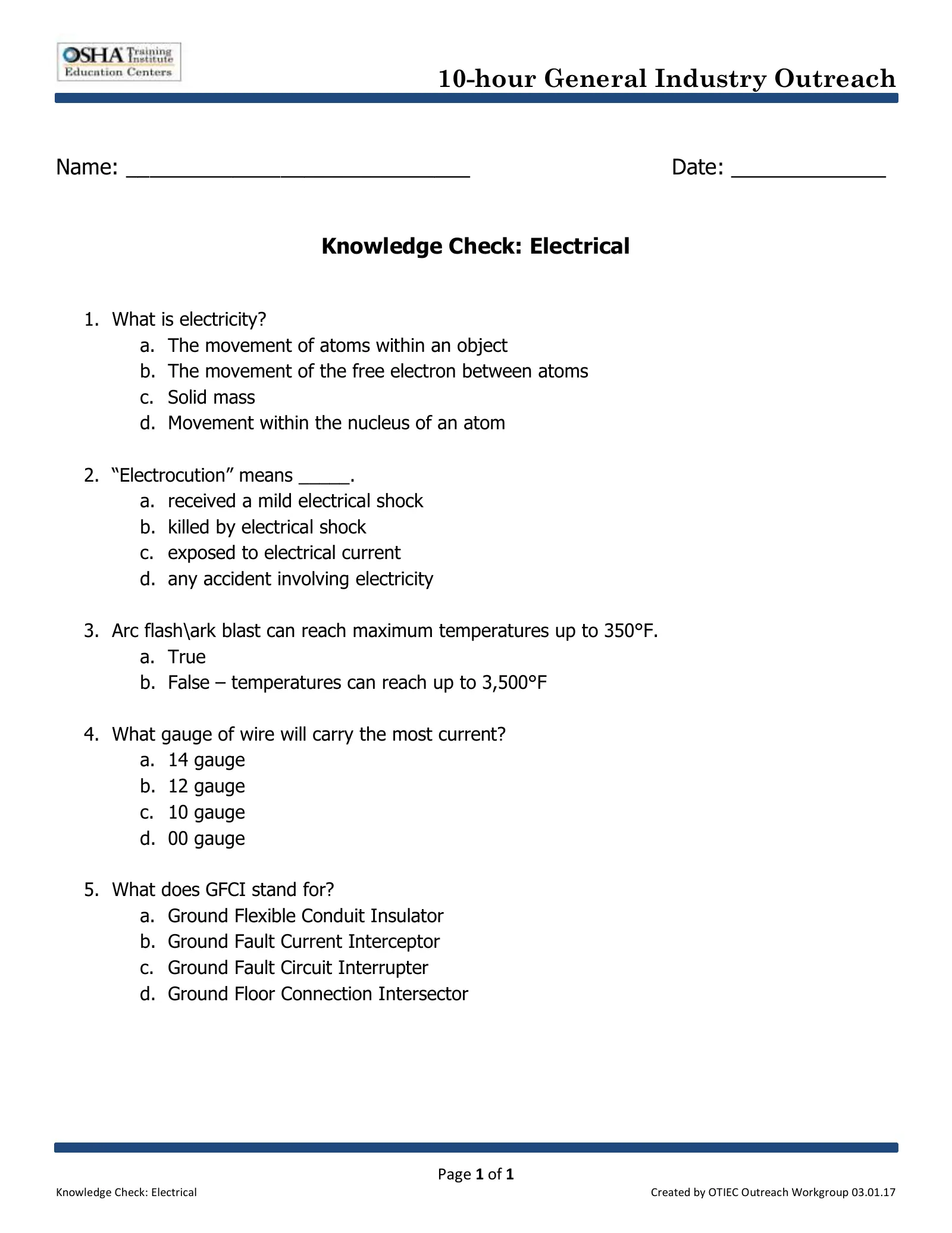 Electrical: Knowledge Check (OSHA 10-Hour General Industry Outreach), page 1: 10-hour General Industry Outreach